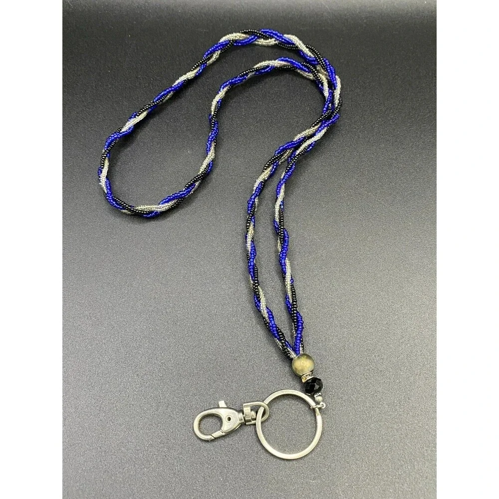 Blue Black and Clear Braided Glass Bead Lanyard